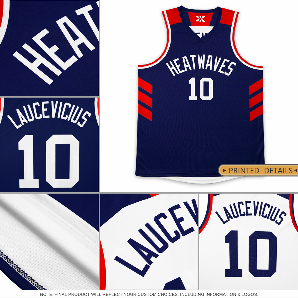 Custom navy blue and white reversible basketball uniform