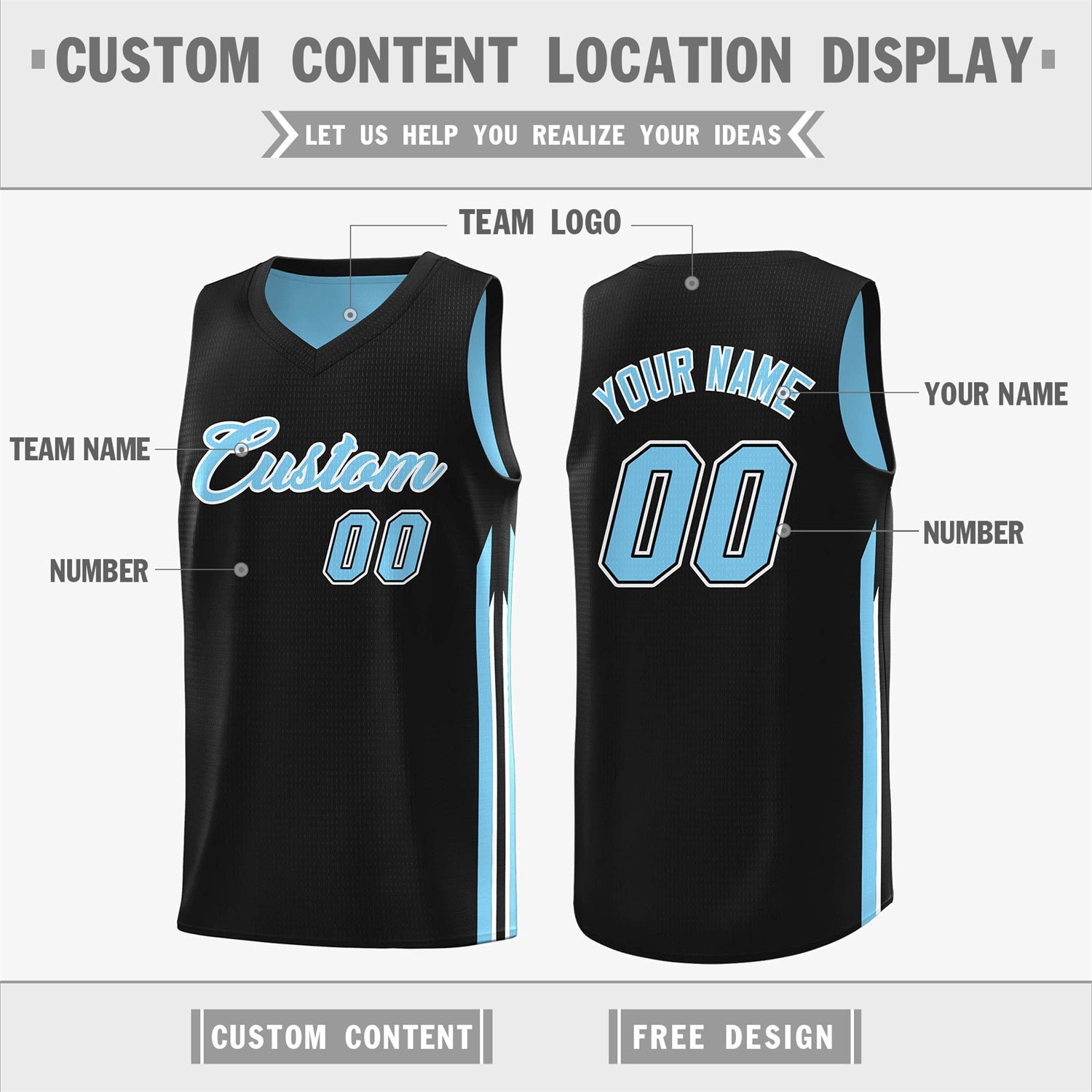 Custom made blue and black reversible basketball jersey