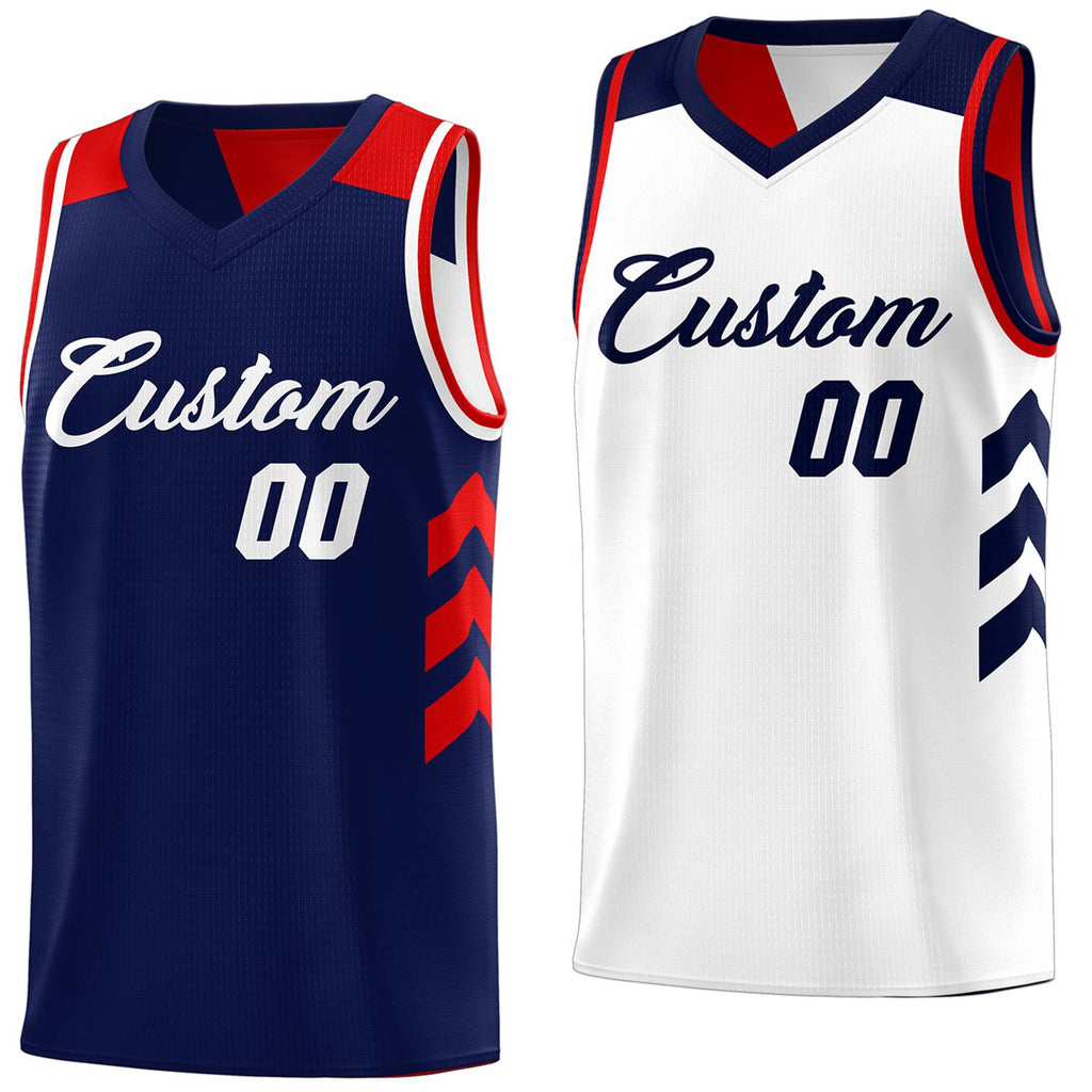 Custom navy blue and white reversible basketball uniform