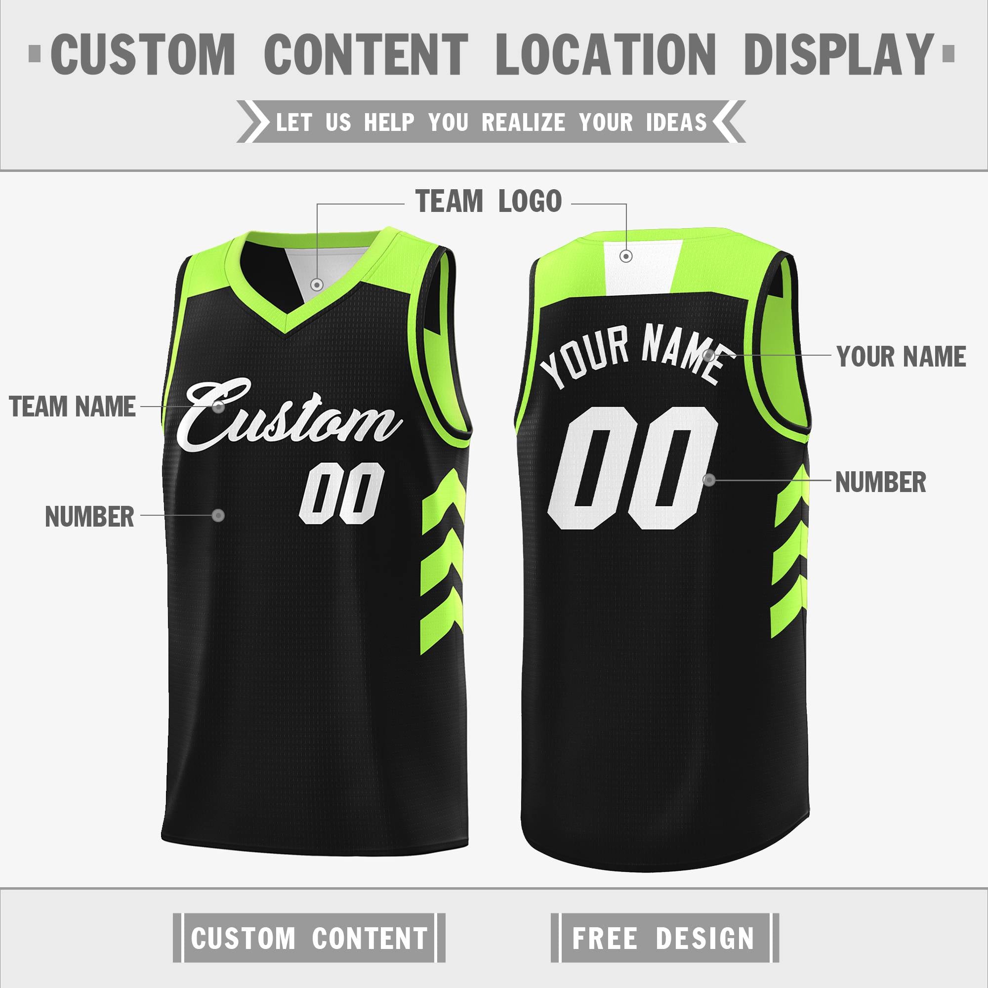 Custom black fluorescent green reversible basketball jersey