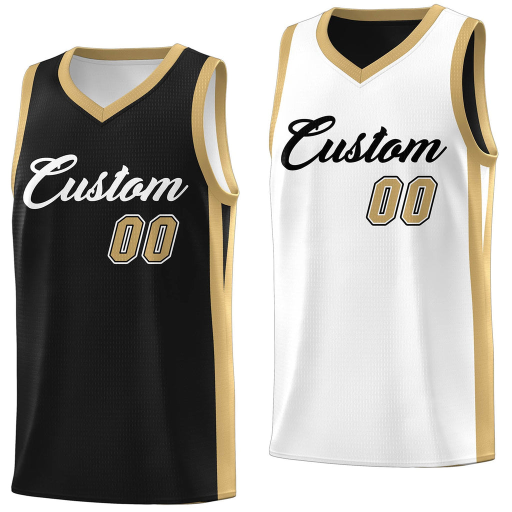 Custom Black and White V-Neck Reversible Basketball Jersey