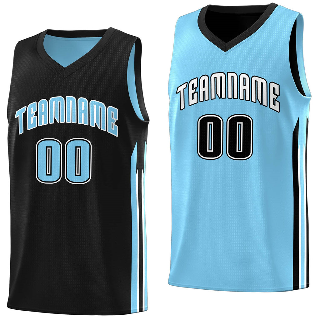 Custom made blue and black reversible basketball jersey